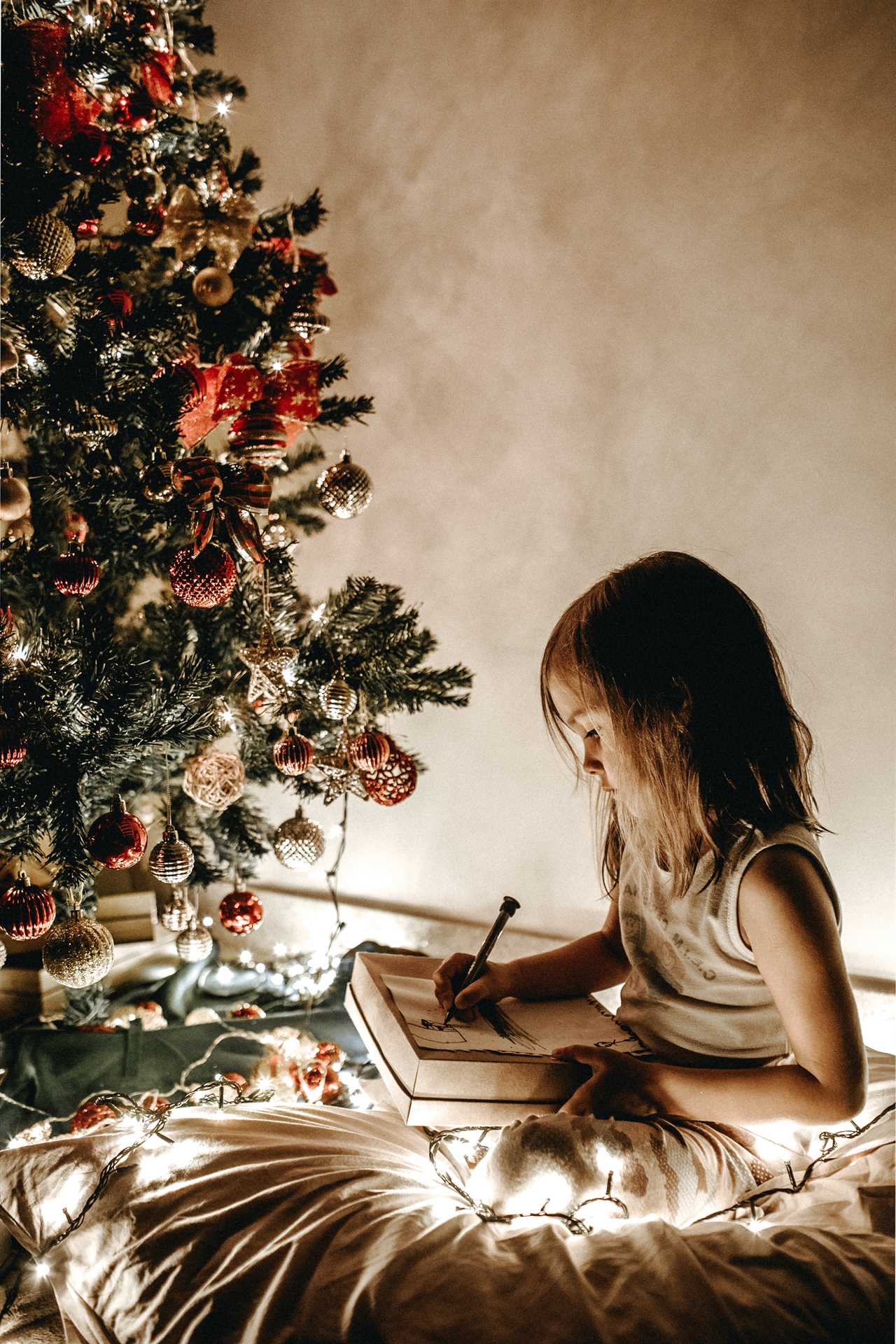 A girl is reading a book in front of a christmas tree.