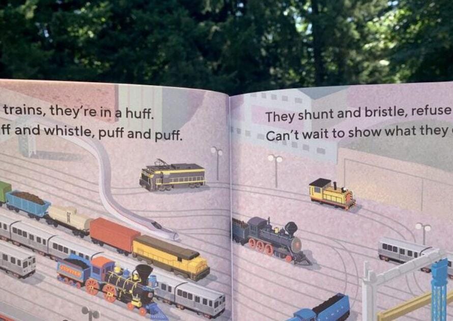 A children's book with a picture of a train.