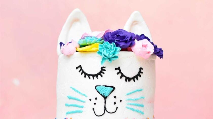 A white cat cake decorated with flowers and sprinkles.